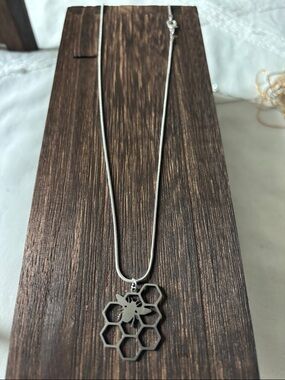 Handcrafted 16” Silver Honeycomb Bee Pendant Necklace - Women Jewelry